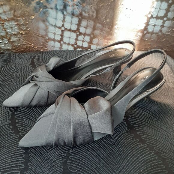 Zara Nwot Gray Satin Slingback Kitten Heels - Picture 8 of 15